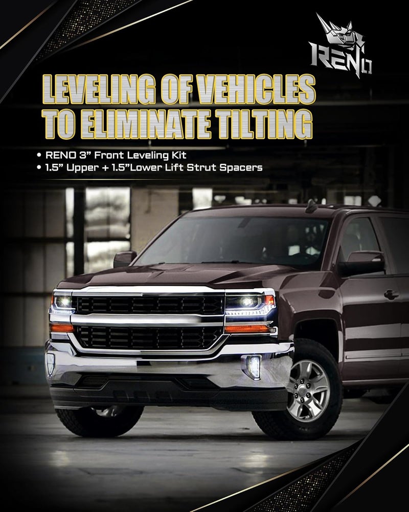 Reno 3" Front Leveling Kit, Upper+Lower Strut Lift Spacers Compatible with 2007-2026 Silverado Avalanche Suburban Tahoe 1500 / Sierra Yukon 1500 2WD 4WD (Aluminium, 4Pcs) - Image 2